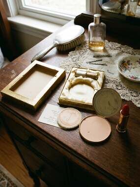 Vintage 1960s Coty Golden Metal Duette Vanity Set Compact Powder Lipstick Box